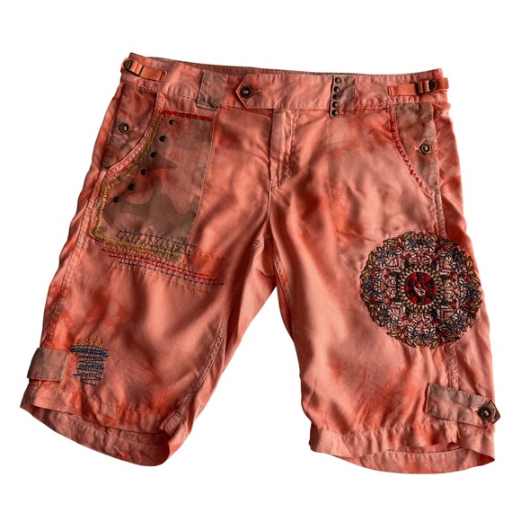 Da-Nang Pants - Da-Nang VTG Y2K 100% Silk Embroidered Tie Dye Camo Peach Utility Shorts L